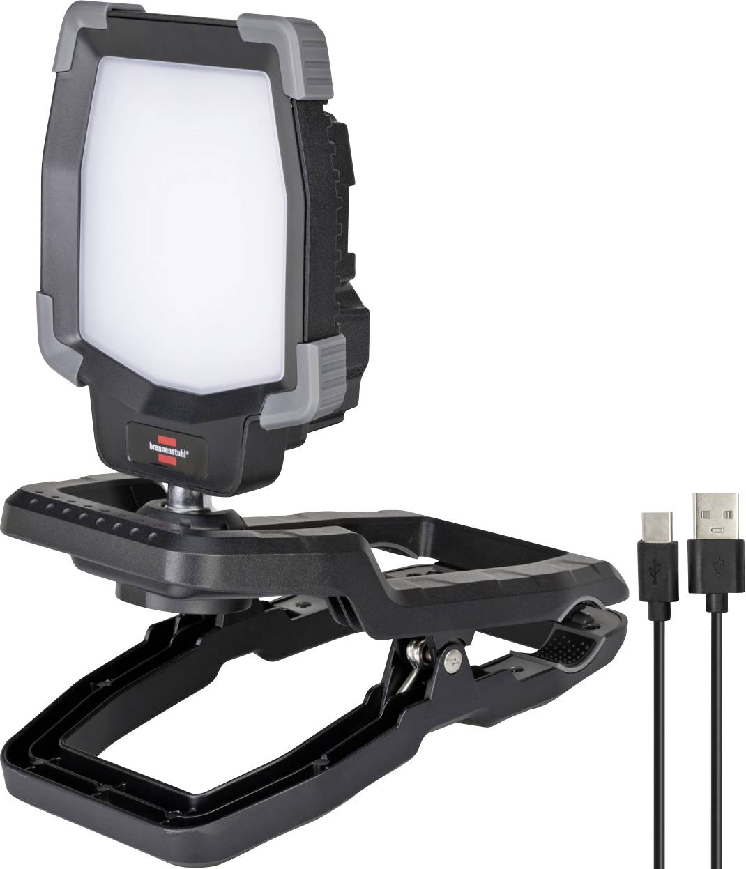 Svart klämbar LED-arbetslampla med justerbar ställning och ansluten USB-laddningskabel på en vit bakgrund.