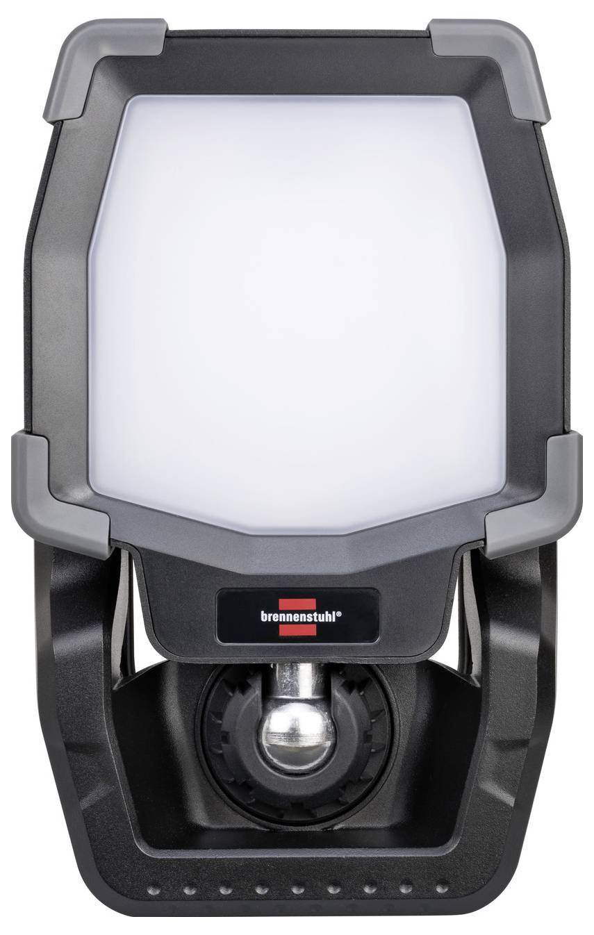 Bärbar LED-arbetslampan med en stor vit panel och justerbar svart hölje, visad framifrån på ett stativ.