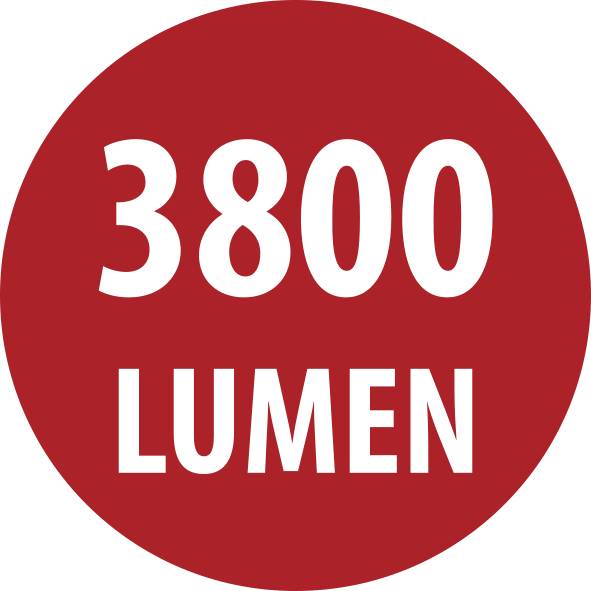 Röd cirkulär etikett med vit text "3800 LUMEN".