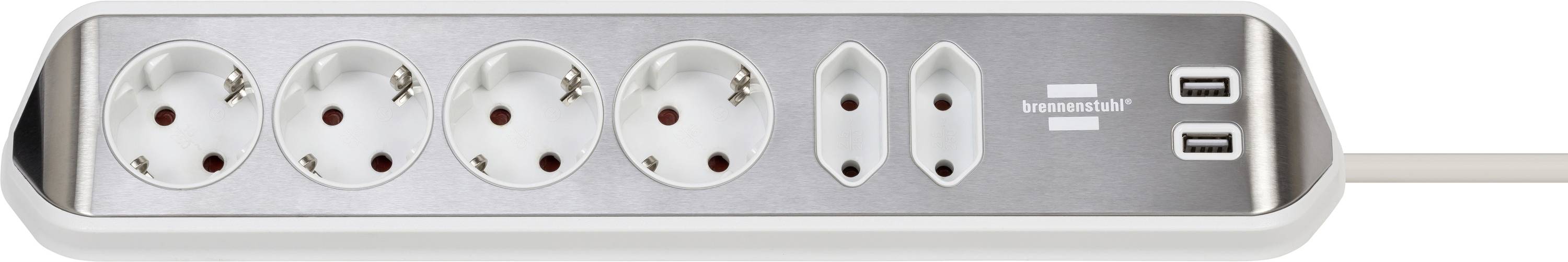 Silvergrå strömlist med fyra europeiska uttag, två vertikalt placerade USB-portar på höger sida och en centrerad upplyst varumärkeslogotyp.
