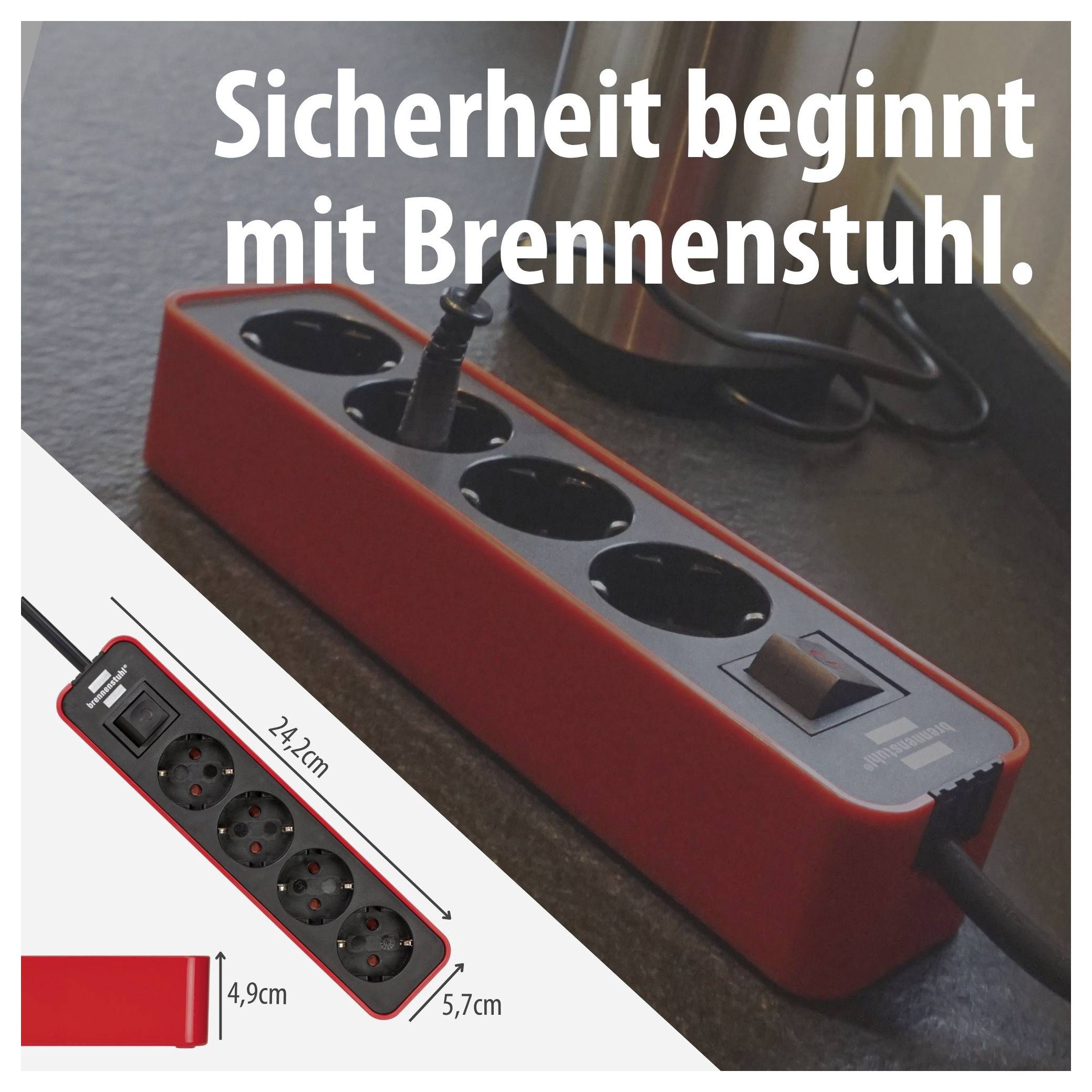 Annons för en röd strömfördelning med fyra uttag och på-/av-strömbrytare; Text: 'Säkerhet börjar med Brennenstuhl.' Måttangivelser 24,2 cm, 4,9 cm, 5,7 cm.