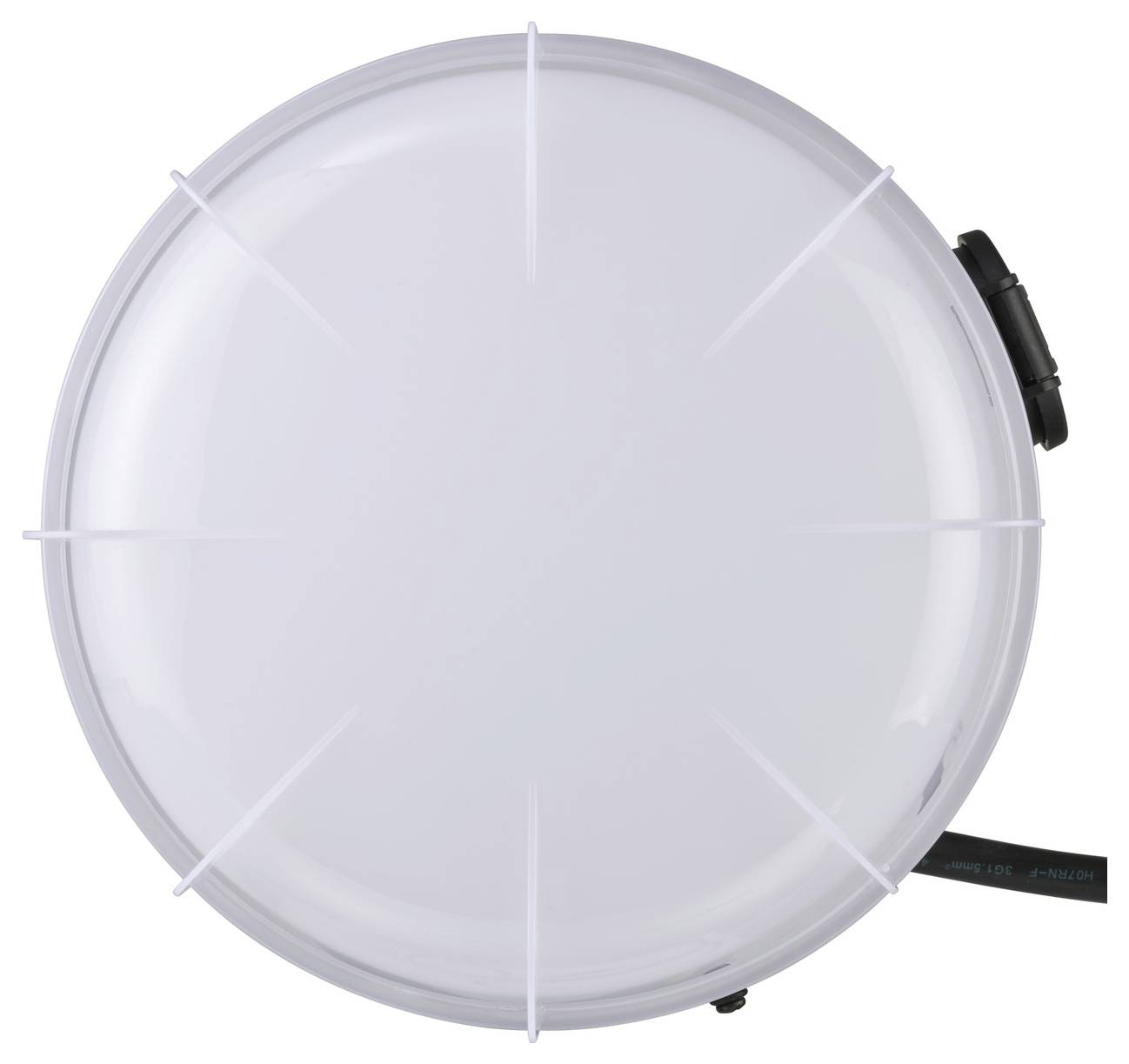 Rund vit taklampa med transparent diffusor och svart sidmontering.