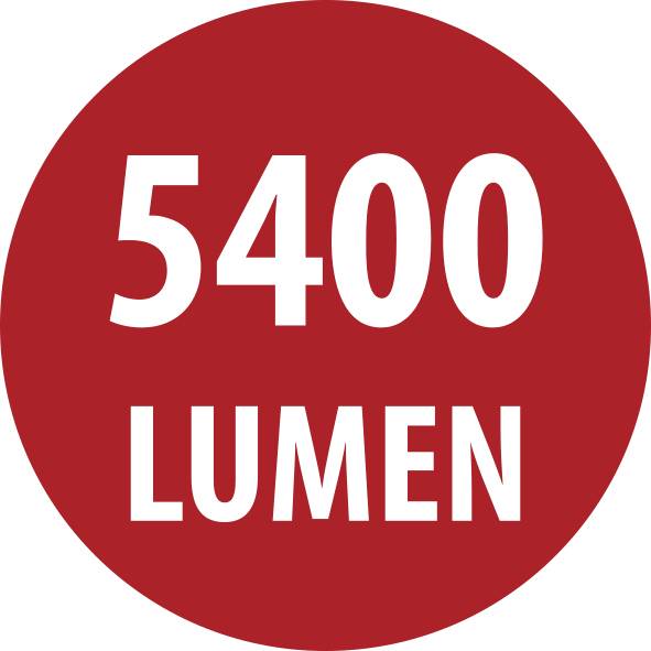Röd cirkulär etikett med vit text "5400 LUMEN" som anger ljuseffekt.