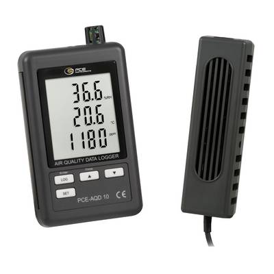 Bärbar luftkvalitetsloggare med digital display som visar 36,6%RH, 20,6°C och 1180 ppm, plus en sidosensorenhet.