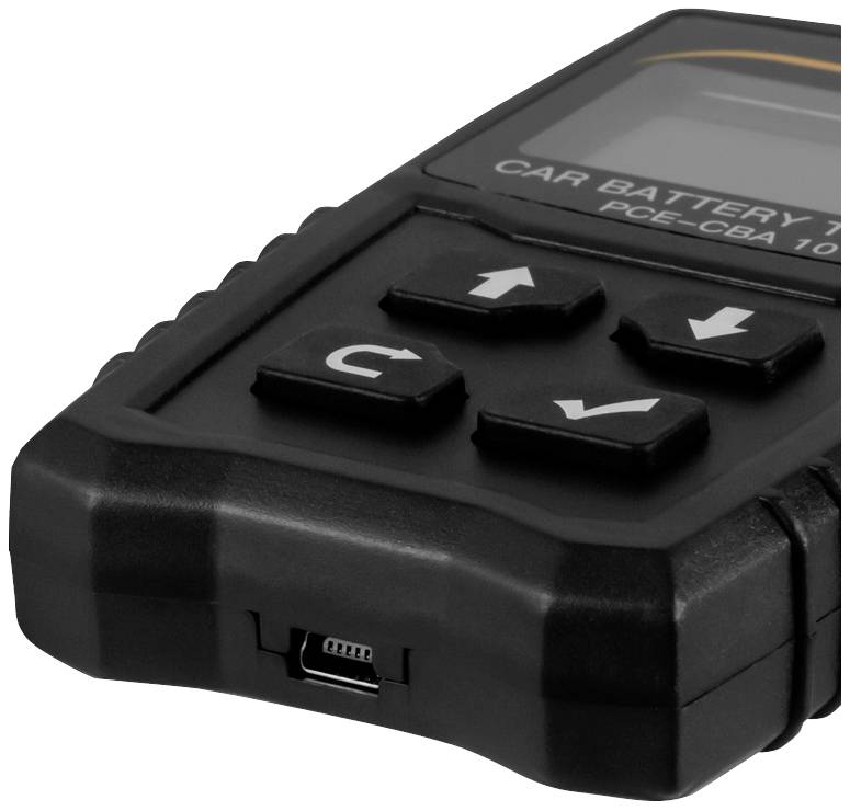 En svart, bärbar enhet med en skärm och flera knappar för kontroll, sannolikt en batteritestare eller laddare.
