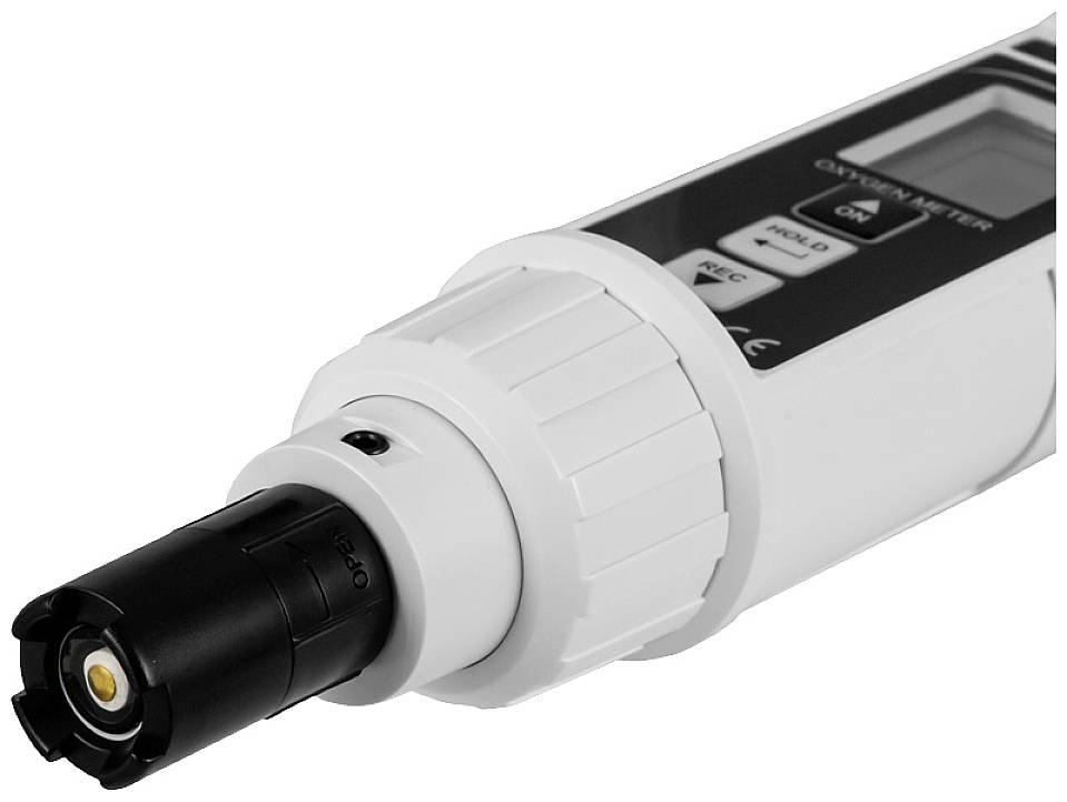 En bärbar syremätare med digitalt display och manöverknappar för mätning av syrehalten i vätskor.