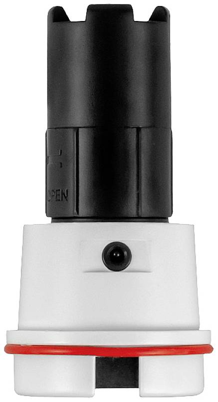 Vit och svart plastdetalj, cylindrisk, med röd tätningsring.