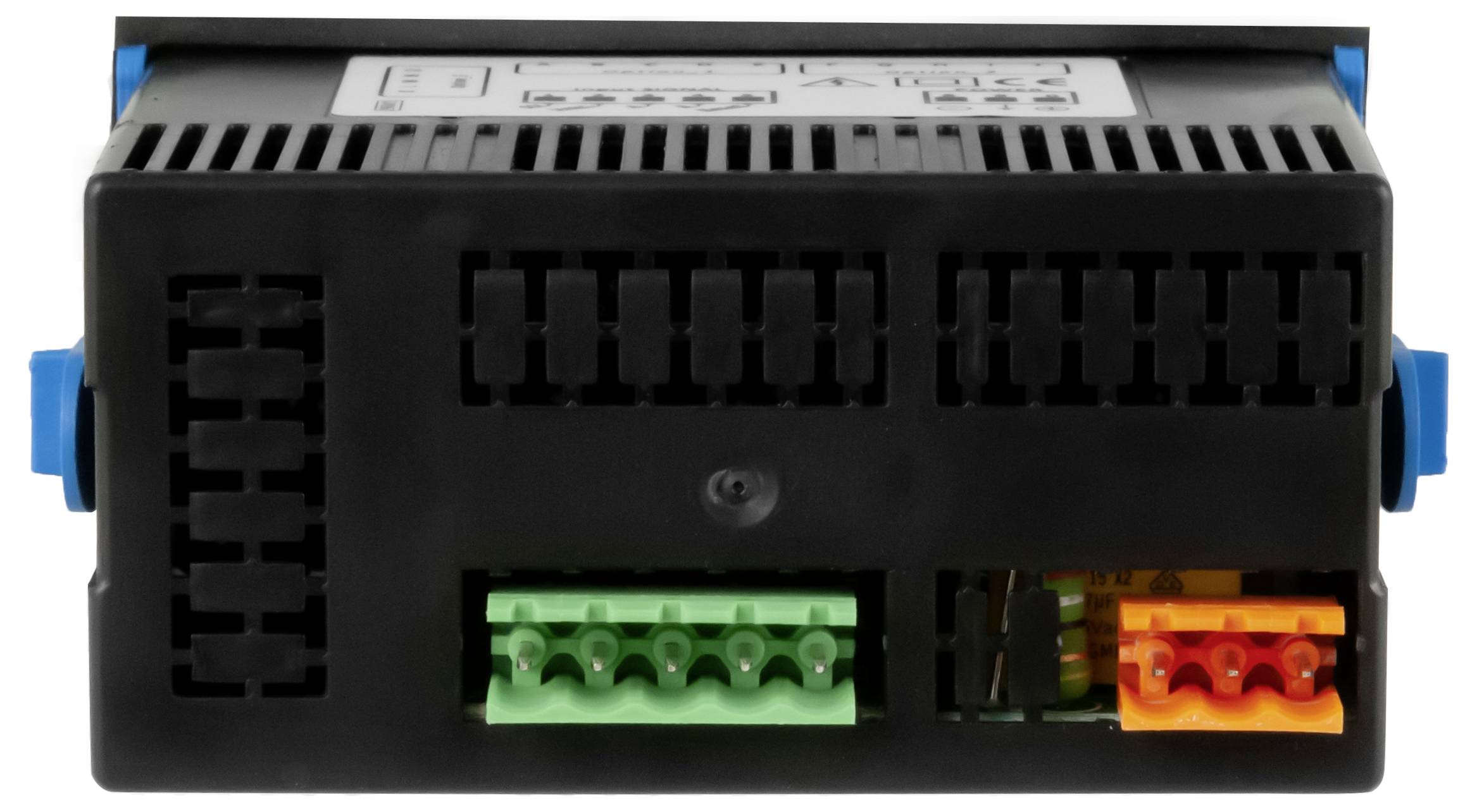 Frontvy av en svart elektronisk styrmodul med blå sidoflikar och gröna och orange terminalanslutningar på botten.