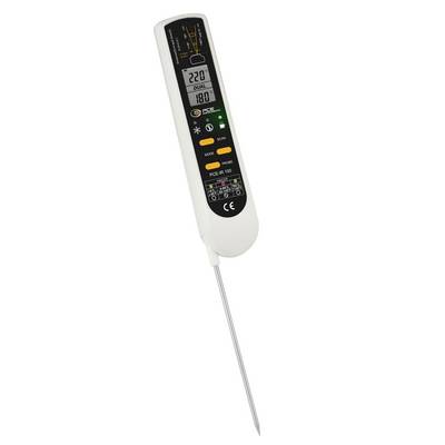 Digital markfeuchtemätare med givare och LCD-display, visar läsningar på 220 och 180 på en vit bakgrund.