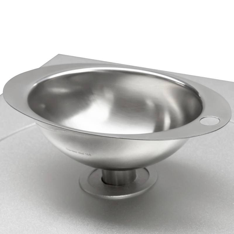 En rund diskho i rostfritt stål med modernt design, inbyggd i en metallisk arbetsyta. Perfekt för kökmiljöer.