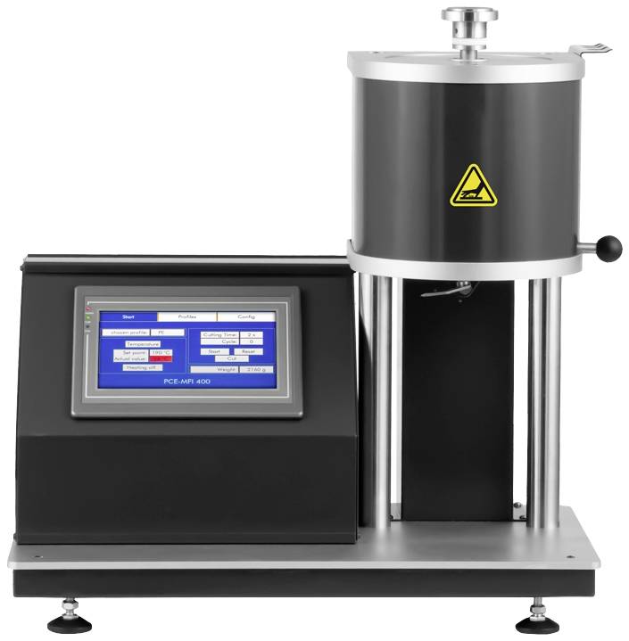 Ett viskosimetermätinstrument med digitalt display visar testresultat. Huvudkomponenter av metall, skärm på framsidan.