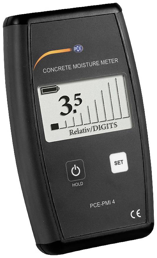 Ett fuktighetsmätinstrument för betong visar ett mätvärde på 3,5 på en skala. Funktioner: 'HOLD'- och 'SET'-knappar.