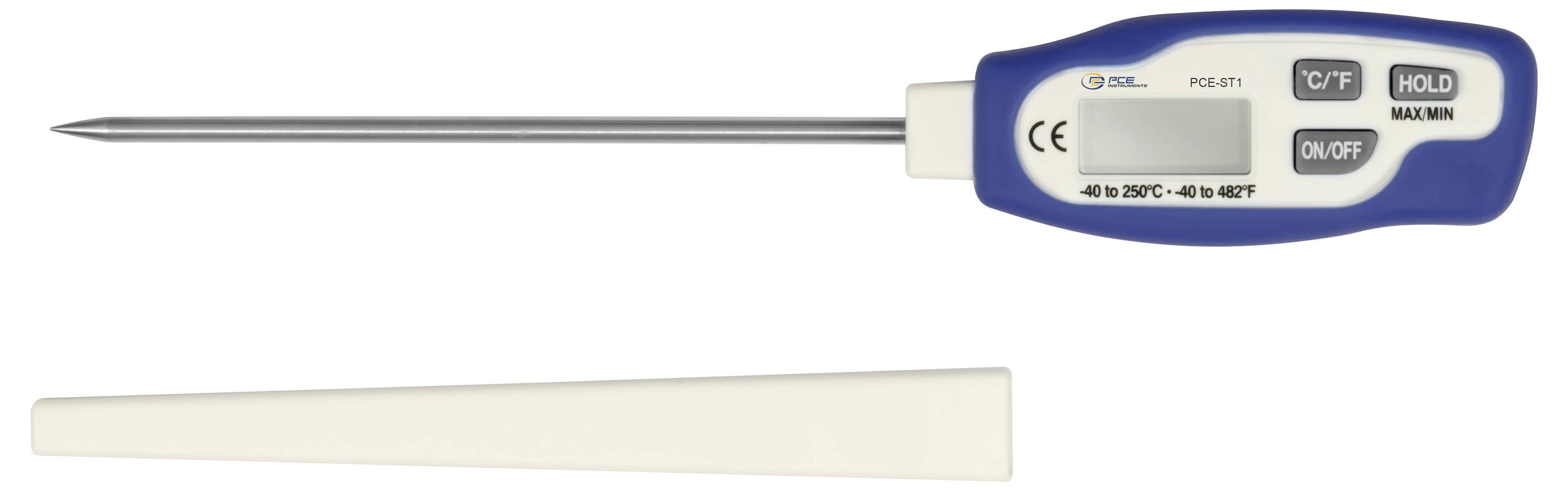 Digital probetermometer med rostfritt stålprob och blå handtag, visar temperaturfläkt och C/F, hold- och på/av-knapp.