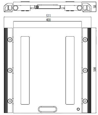 Teknisk ritning av en rektangulär enhet med dimensioner: 511 mm bredd, 550 mm höjd. Ovanifrån-vy visar fästpunkter.