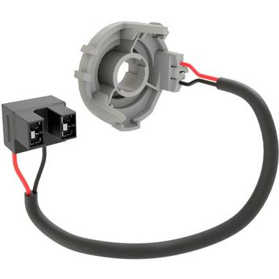 En grå elektrisk kontakt med runda och rektangulära anslutningsdelar, förbunden genom en svart kabel.
