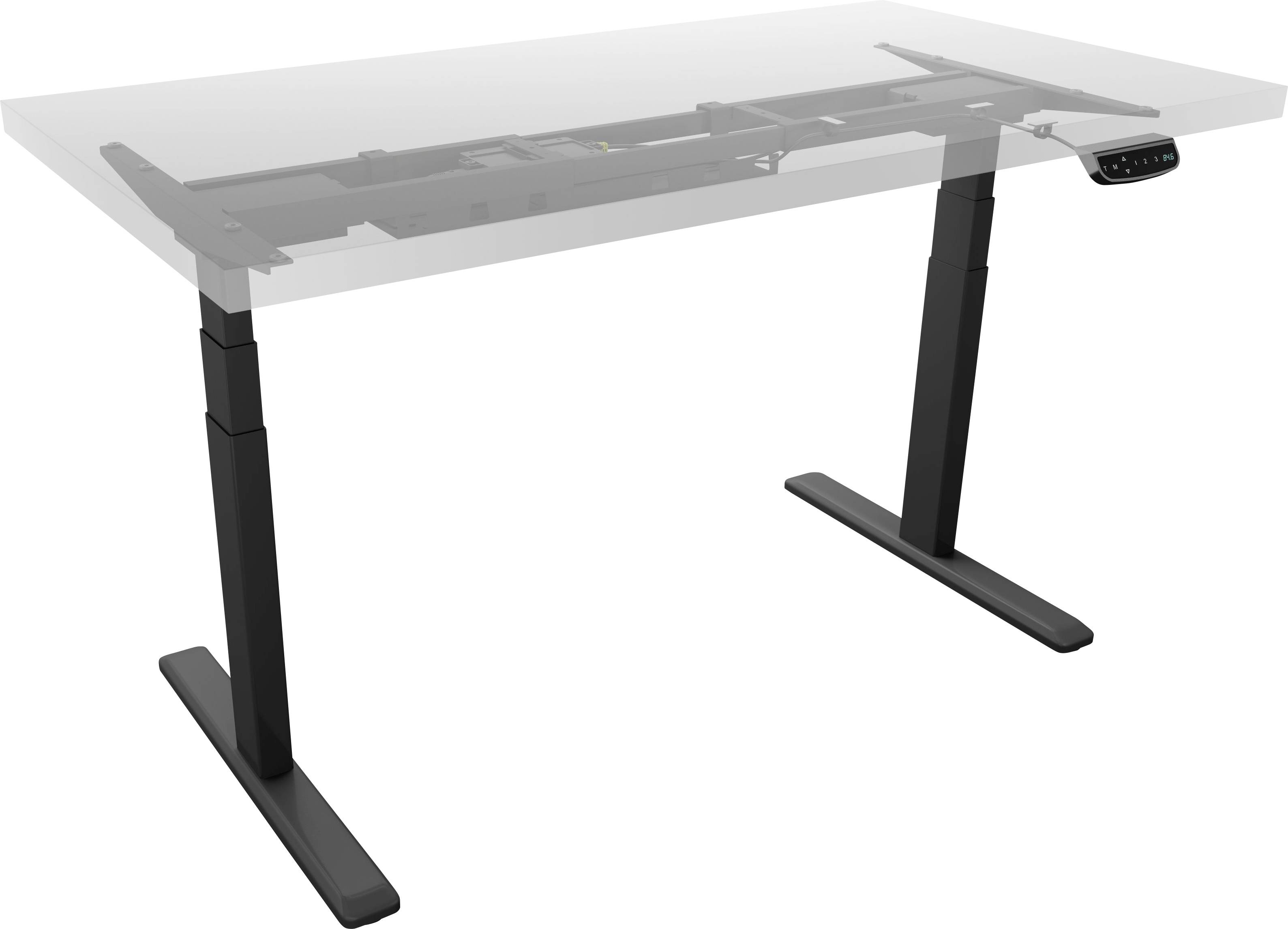 Höj- och sänkbar skrivbordsram i svart med kontrollpanel på framsidan. Perfekt för ergonomiskt arbete på kontoret.