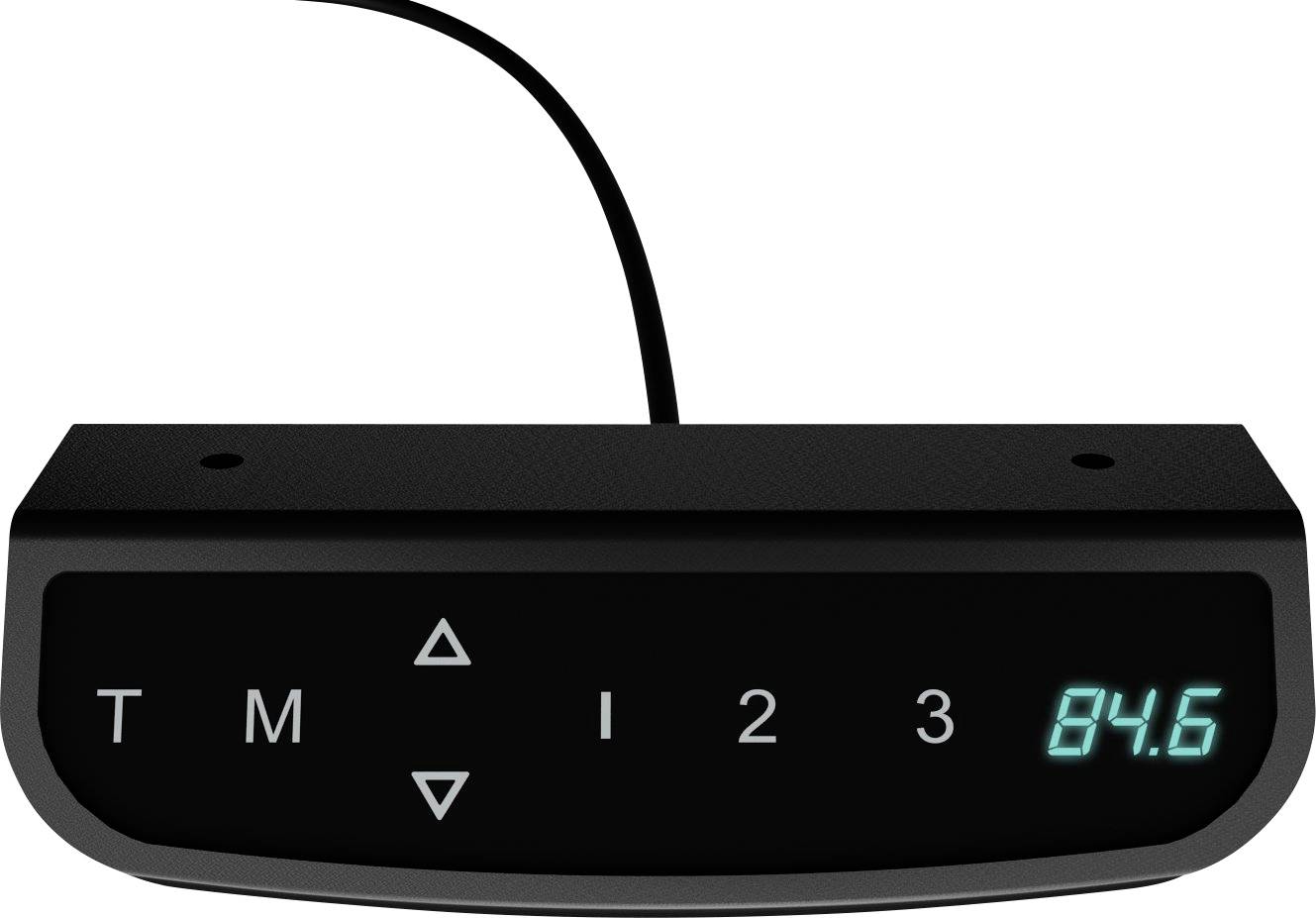 En svart elektronisk panel med knappar 'T', 'M', 'I', '1', '2', '3' och en digital display som visar '84,6'.