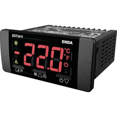 Digital temperaturregulator med röd LED-display som visar '-22,0°C'. Symboler för kylning, larm och klocka är synliga.