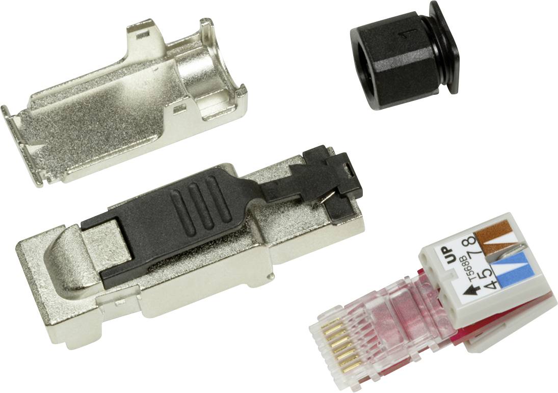 En nedmonterad nätverkskontakt, bestående av ett metallhölje, en plastklämma, en kabelstoppare och en RJ45-kontakt.
