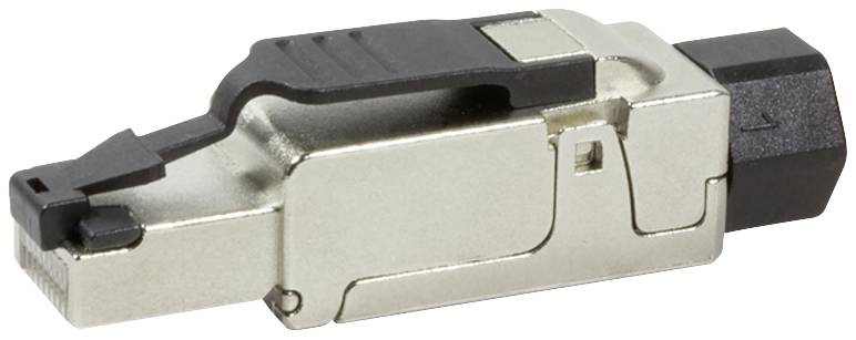 En silver RJ45-kontakt med svart plastklämma. Lämplig för nätverkskablage, visar sidovyn.