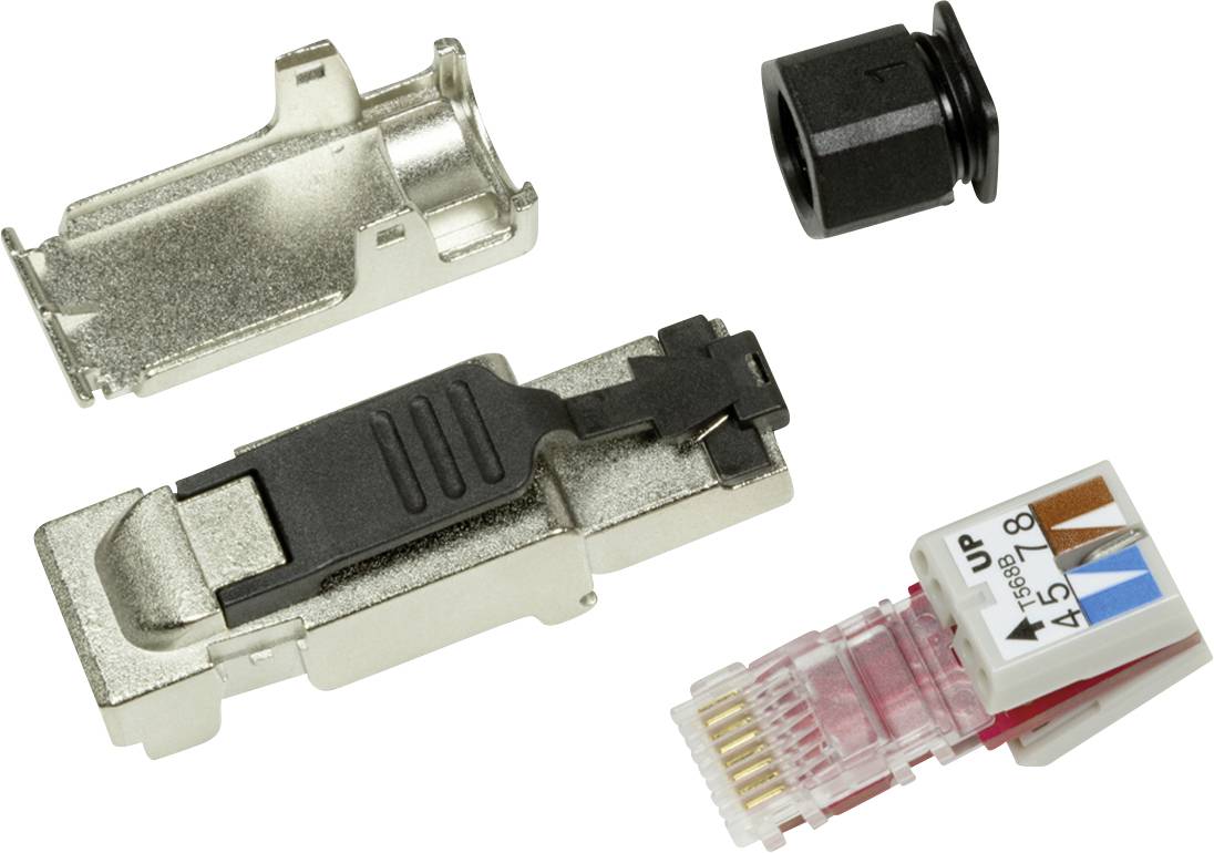Nätverksadapter-kit med metallhölje, plastskydd och färgkodat modul, lämplig för nätverkskabelanslutningar.
