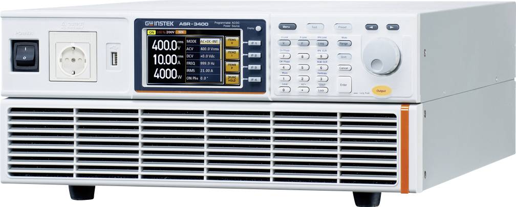 Ett laboratorieinstrument med digital display, knappar och anslutningar. Visar mätvärden som spänning och strömstyrka.