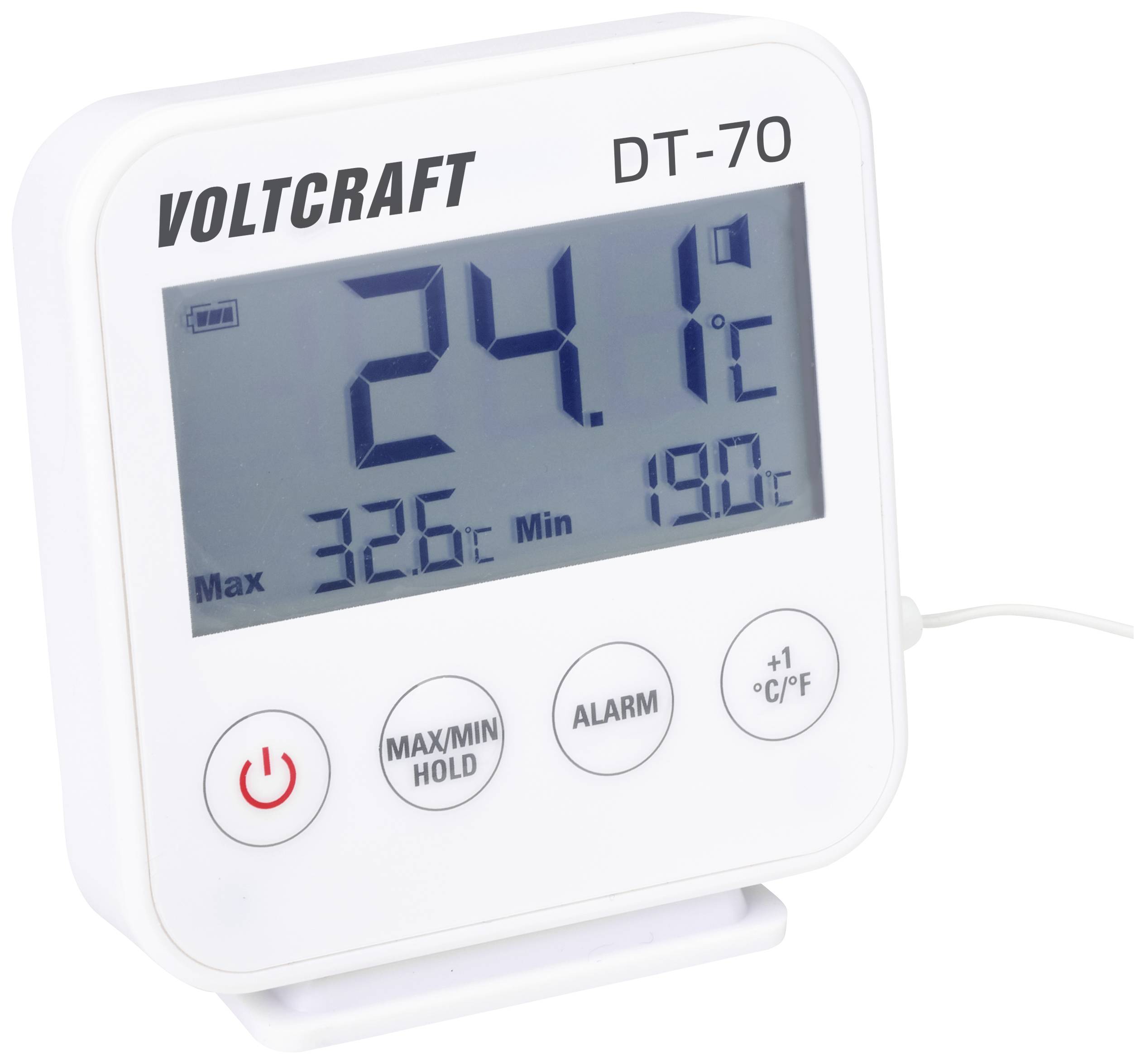Digitalt termometer 'Voltcraft DT-70' visar 24,1°C, maximal temperatur 32,6°C, minimal temperatur 19,0°C, med tre knappar.