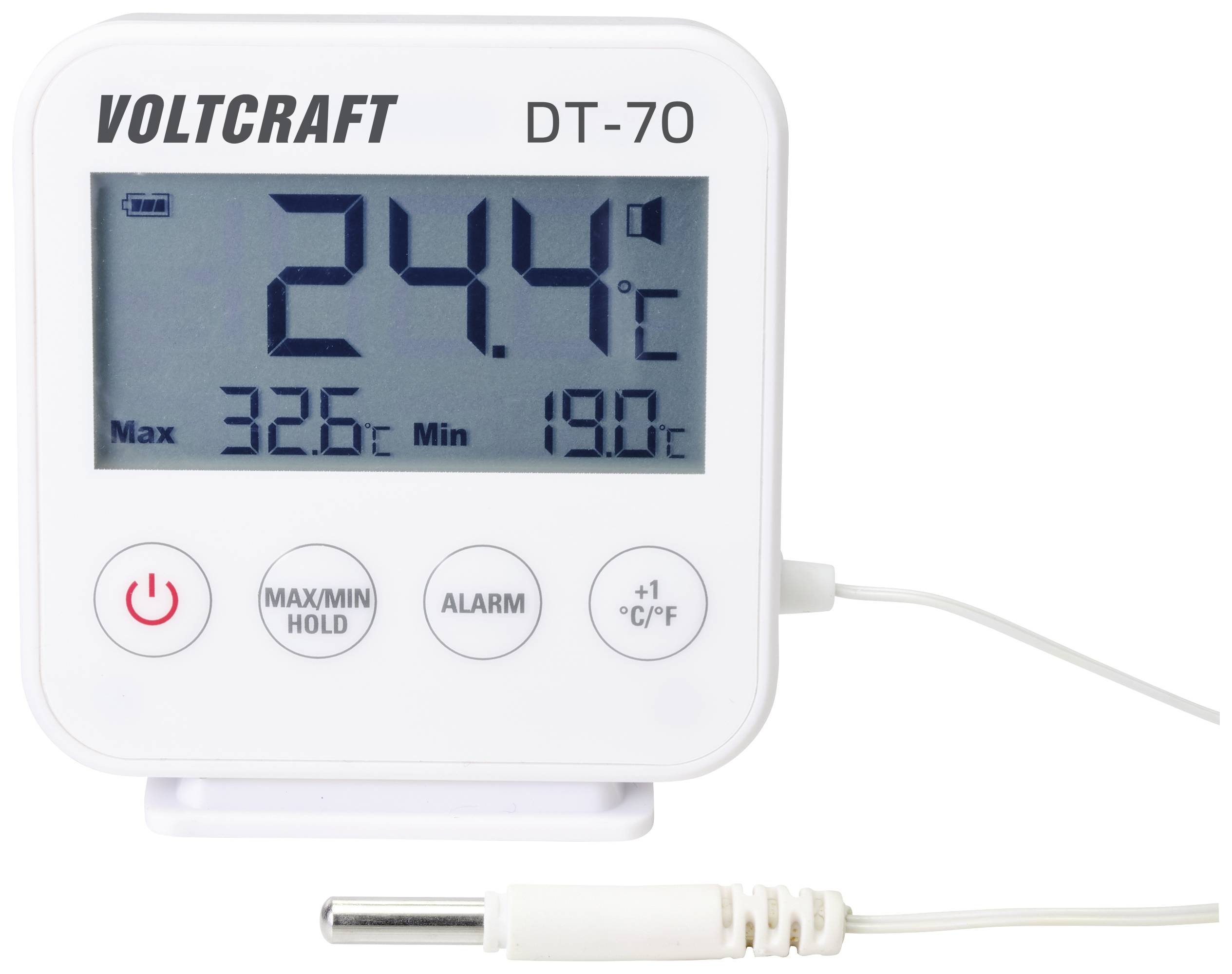 Digital termometer visar 24,4 grader Celsius. Knappar nedanför: 'Max/Min/Hold', '+1°C/°F', 'Alarm'. Extern sensor ansluten.
