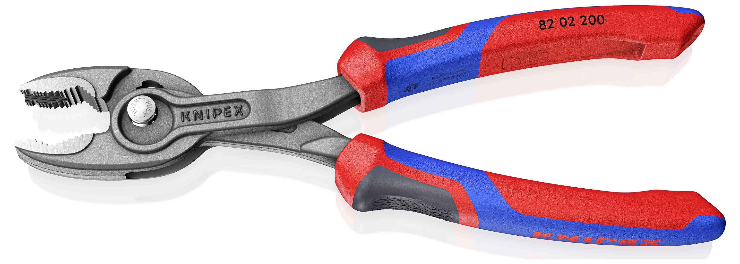 En Knipex-tång med rött och blått handtag, lämplig för mångsidig användning, ligger på en vit bakgrund.