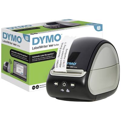 DYMO LabelWriter 550 Turbo och förpackning, visar skrivare med automatisk etikettidentifiering, lämplig för exakt märkning.
