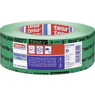 Grönt tätningsband från varumärket Tesa 'Sealing Tape Flex+', 25 m x 50 mm. Förpackningen visar certifikat och användningsområden.