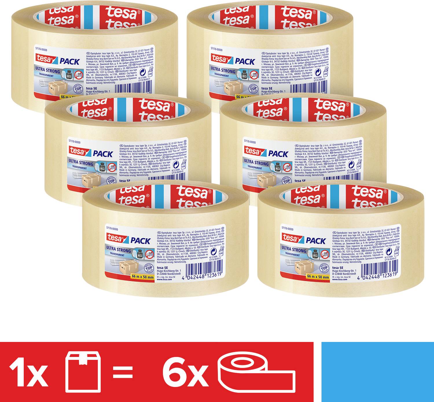 Sex rullar packtejp från Tesa i ett set. Varje rulle är beige och har en etikett med produktinformation.