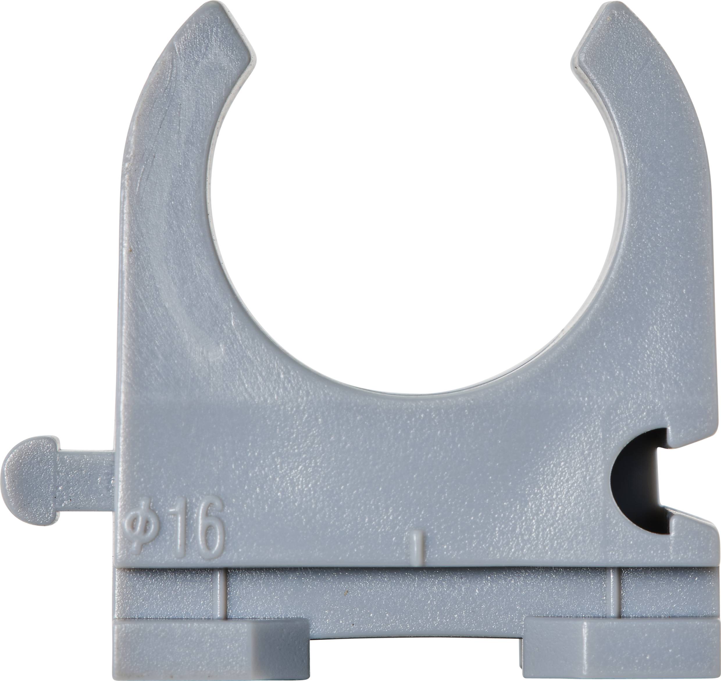 Grå plastsledningshållare med en öppning för att fästa ett 16-millimeters rör.