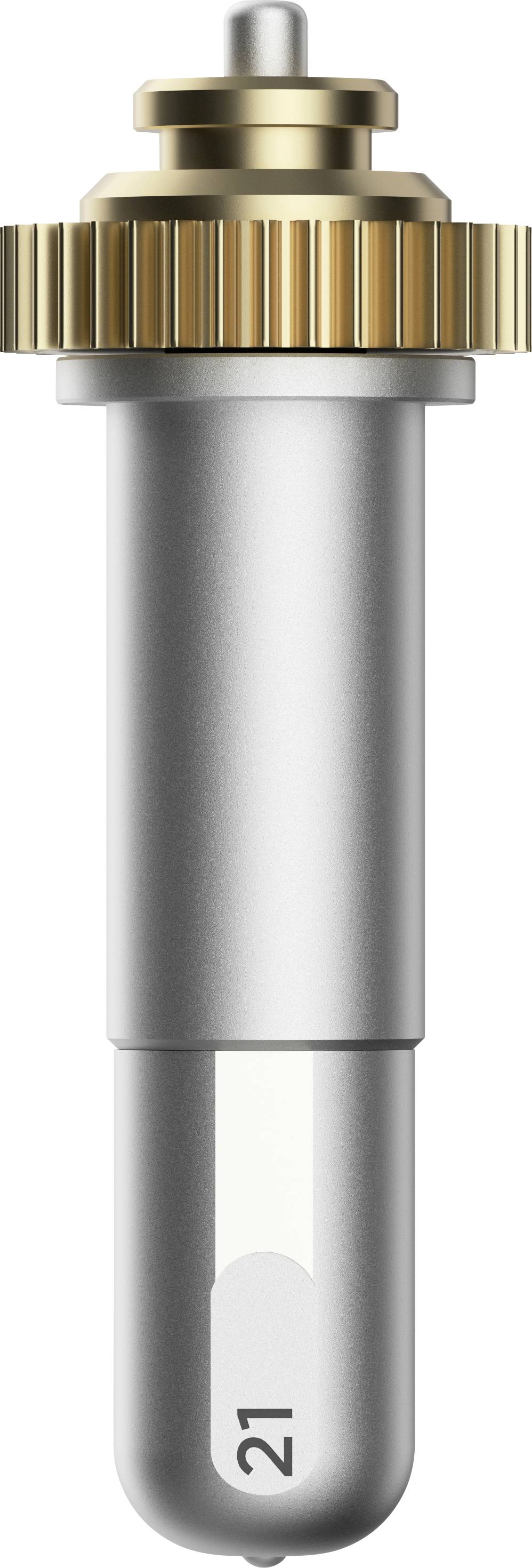 Metalliskt verktygsredskap med cylindrisk silvergrå kropp och guldbelagt kugghjul vid spetsen, märkt med '21'.