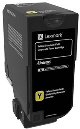 Svart Lexmark-tonerkassett med gul markering. Text på etiketten: 'Gul standardavkastning Corporate tonerkassett'.