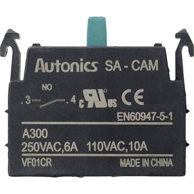 En svart elektrisk switch med påskriften 'Autonics SA-CAM'. Specifikationer som spänning och strömstyrka är angivna.