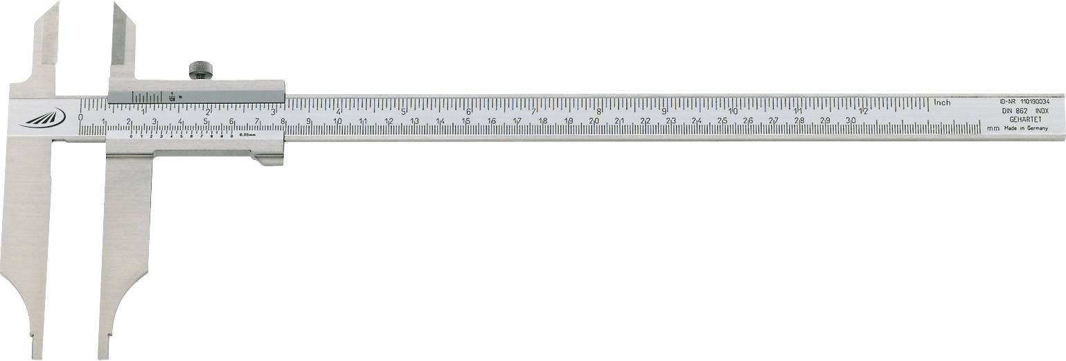 En silverfärgad skjutmått som mäter i millimeter och tum.