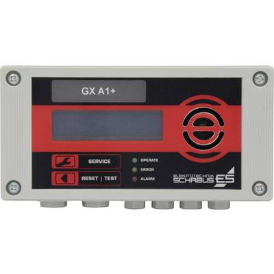 En elektronisk enhet med display, knappar för 'Service', 'Återställ' och 'Test', samt lysdioder för drift, fel och larm.