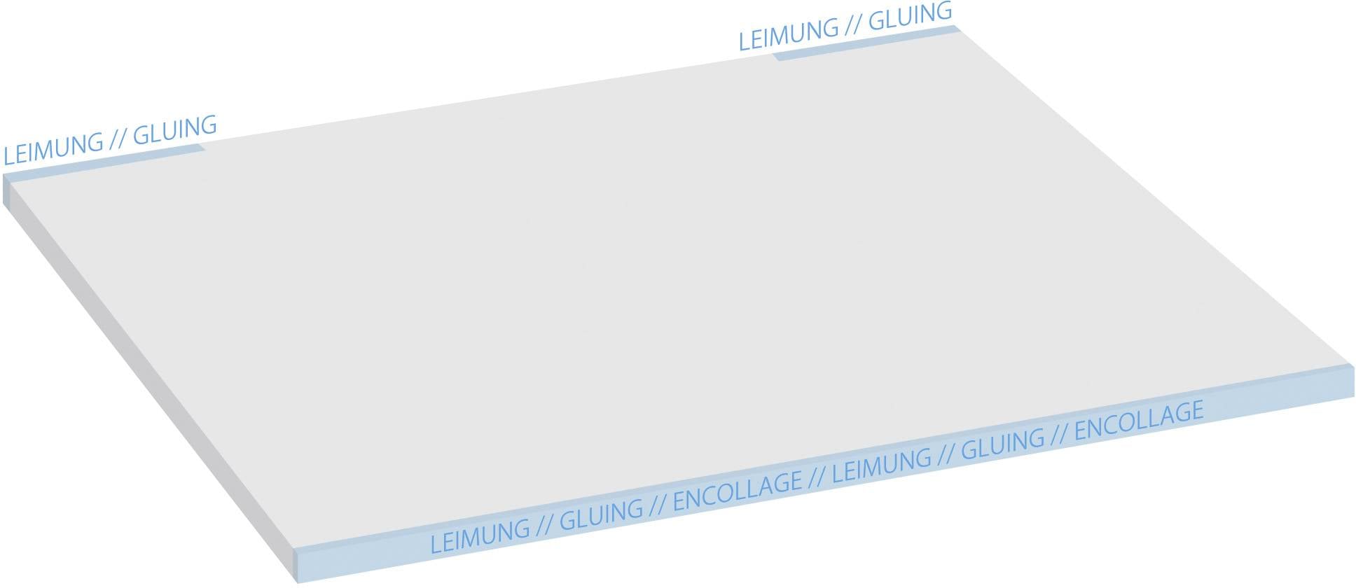 Vit rektangulär platta med blå kanter och texten 'Leimung // Gluing'. Texten är jämnt fördelad längs tre kanter.