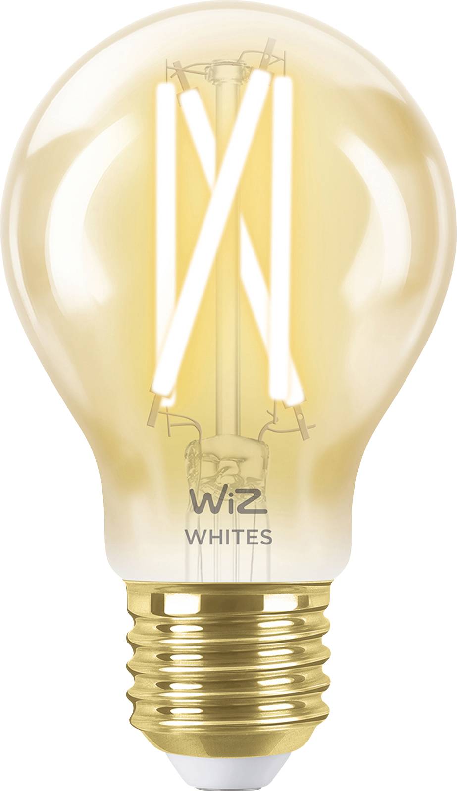 Glödlampa med synlig LED-glödtråd och texten 'WiZ Whites' på sockeln.