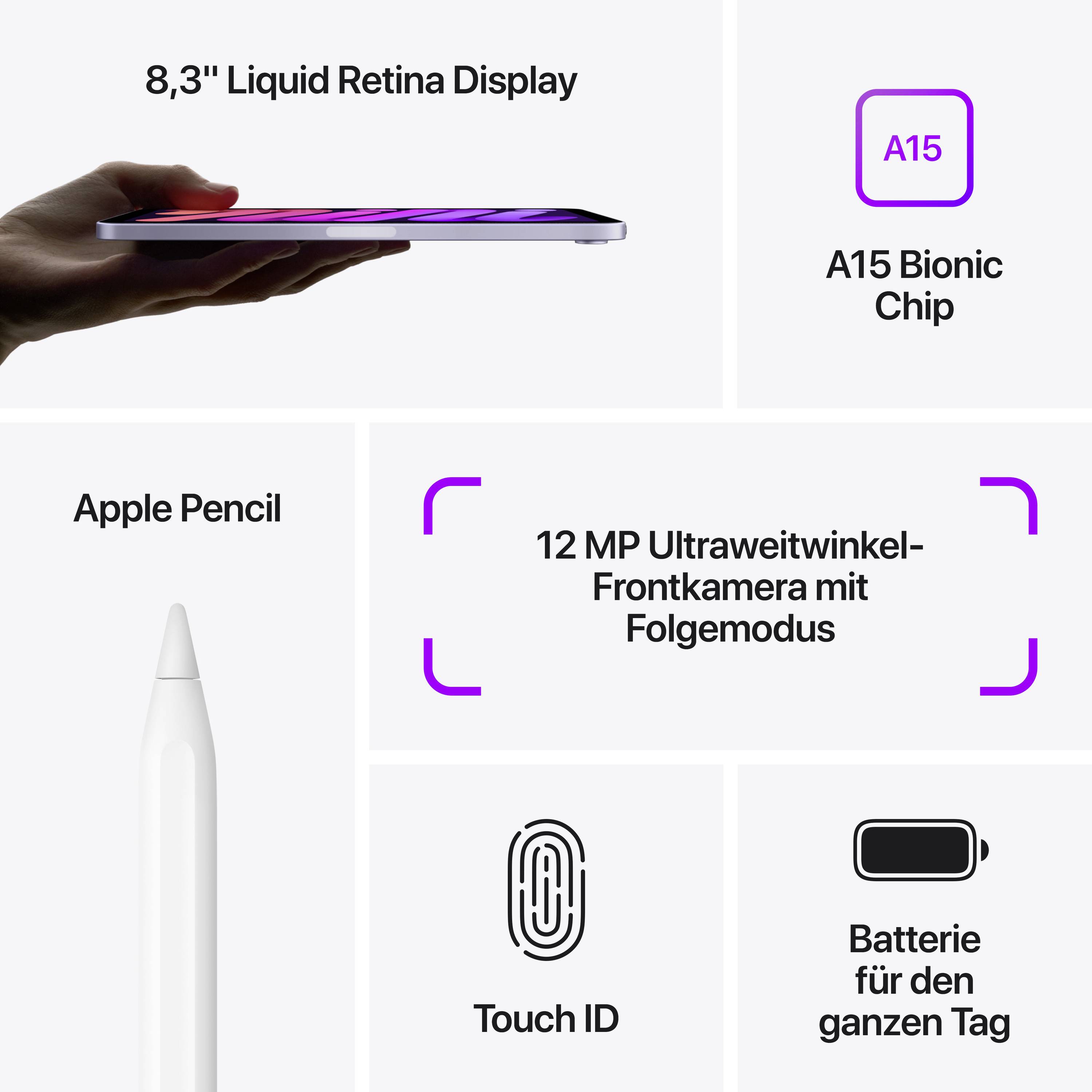 En hand håller en surfplatta med 8,3" Liquid Retina-skärm. Texten visar funktioner: A15 Bionic-chip, Apple Pencil, Face ID, kamera, heldags batteritid.
