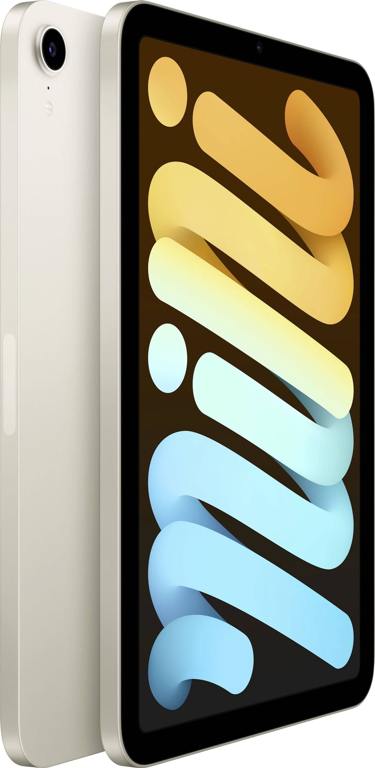 Två surfplattor i diagonal vinkel, en i profil, en med skärm. Skärmen visar färgglada, böljande ränder i gult och blått.