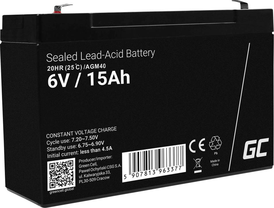 Tät blybatteri, 6V, 15Ah, för konstant spänningsladdning, med QR-kod och tillverkardata på framsidan.