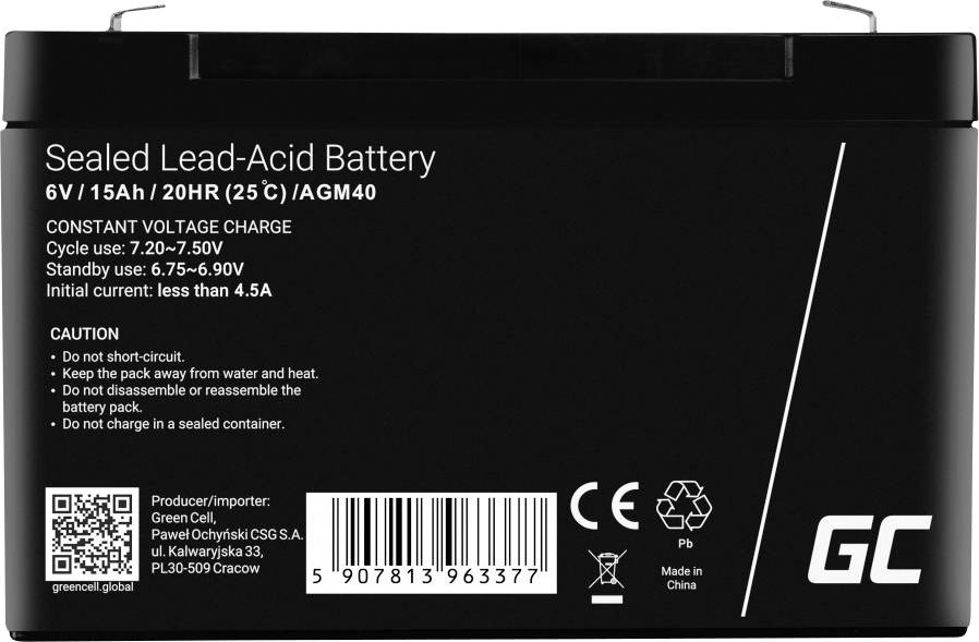 Förseglat blybatteri: 6V, 15Ah, AGM40, konstant spänning, angivet för cykel- och standby-användning. Iaktta försiktighetsåtgärder.