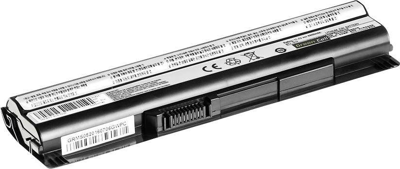 En bärbar datorns batteri med flera certifierings- och varningsetiketter på ytan.