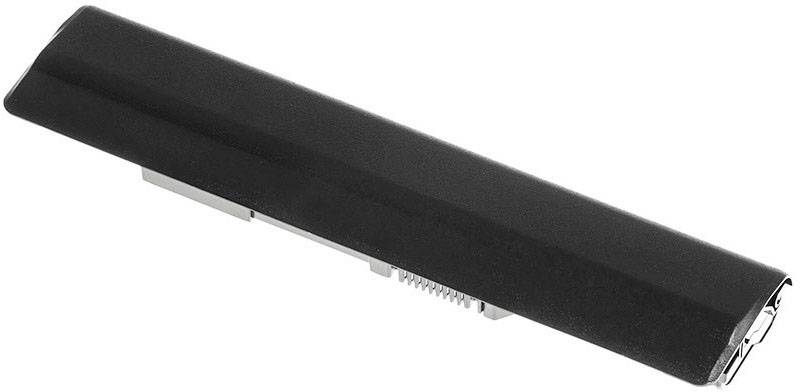 Svart laptopbatteri i rektangulär form, liggande på sidan.