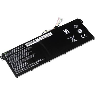 Bärbar dators batteri, svart rektangulär form, med anslutningskabel och vita texter på ytan. Symboler för återvinning och CE-märkning synliga.