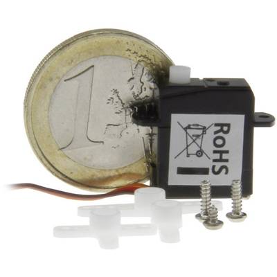 En liten svart servomotor står bredvid ett 1-eurомynt för storleksjämförelse. På motorn syns en 'RoHS'-symbol och två skruvar.
