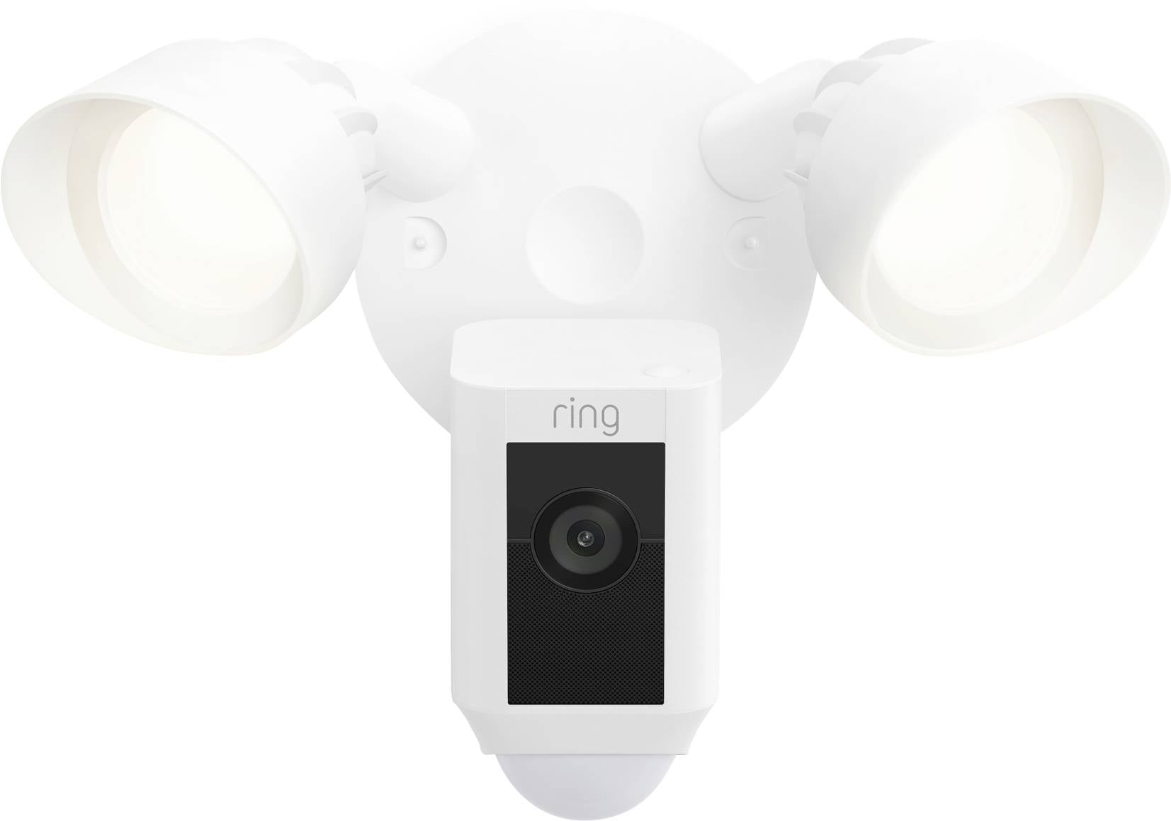 Kamera med två LED-strålkastare för utomhusövervakning, monterad på ett vitt väggfäste.