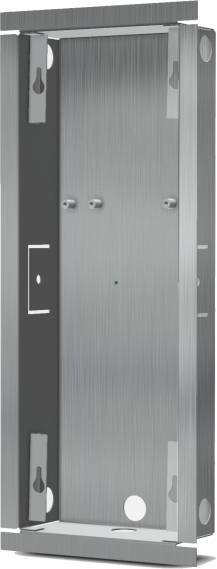 Metallisk monteringsram för elektriska installationer med flera fästpunkter, lämplig för inom- och utomhusbruk.